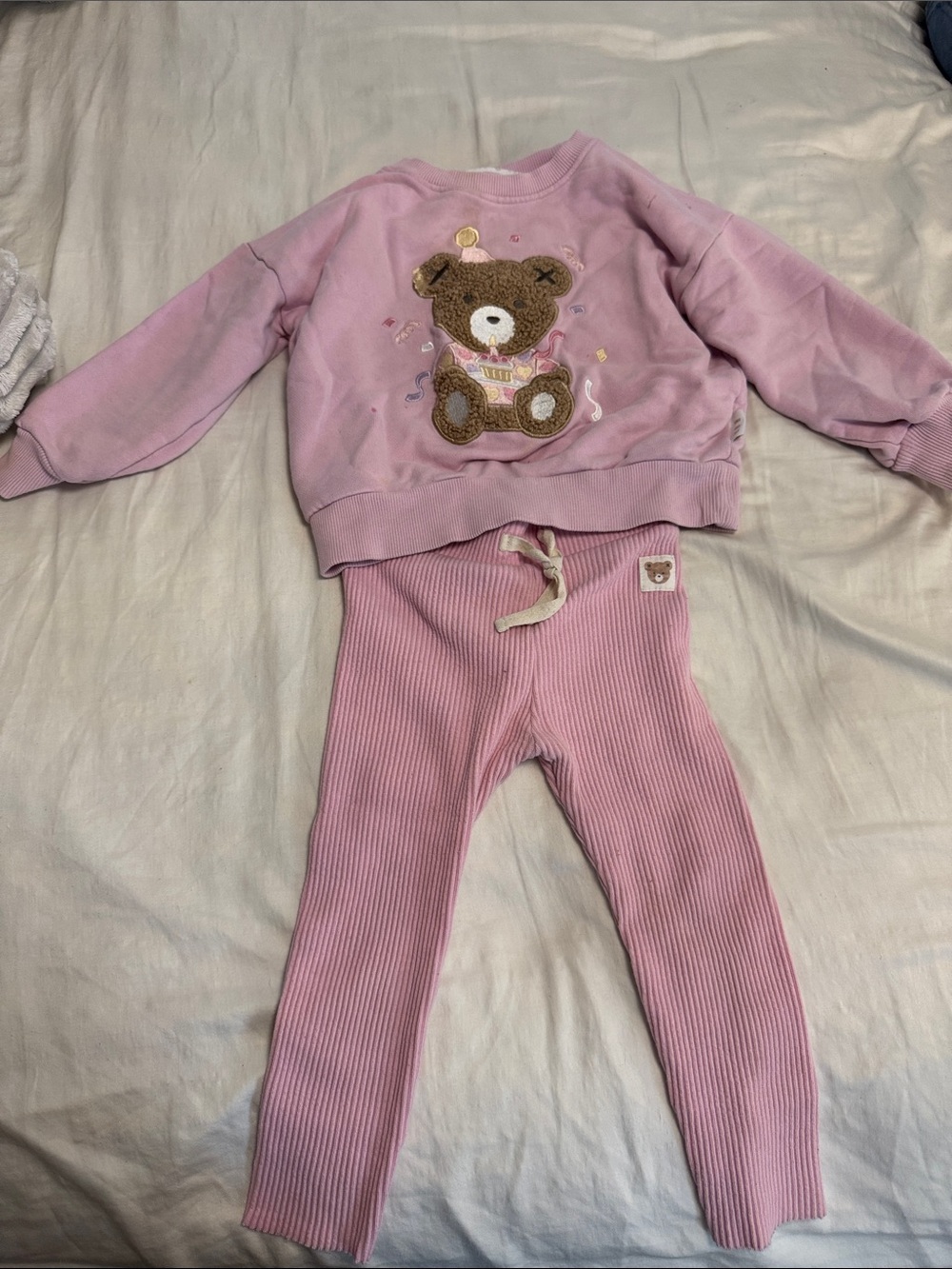 Huxbaby Pink Bear Applique Sweatshirt & Ribbed Leggings Set